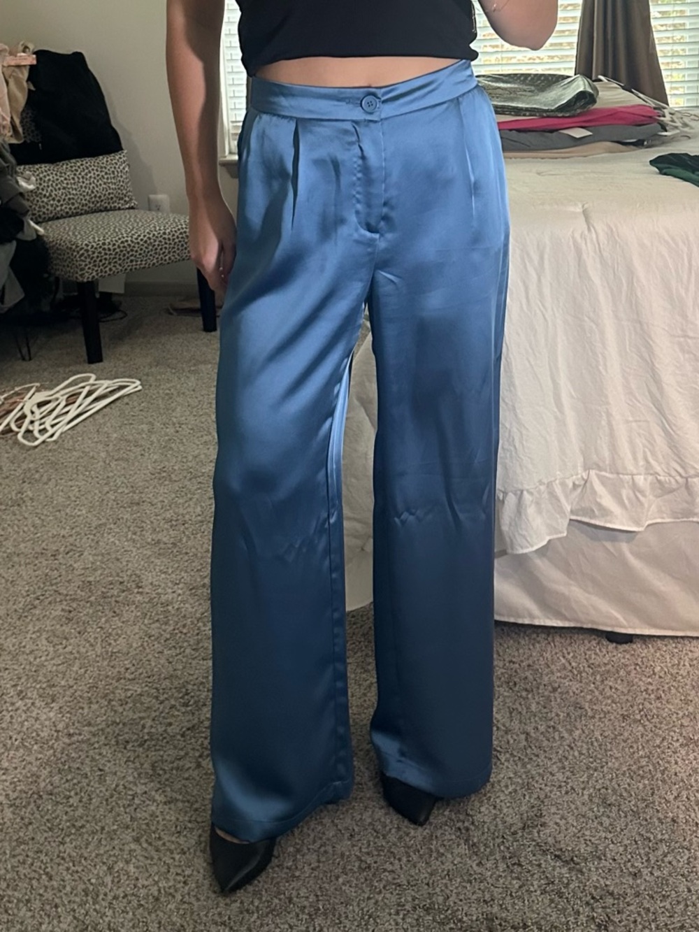 Divided Satin Wide-Leg Trousers in Steel Blue